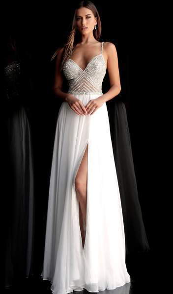 Jovani - Beaded Plunging V-neck Chiffon A-line Dress 66925 In White
