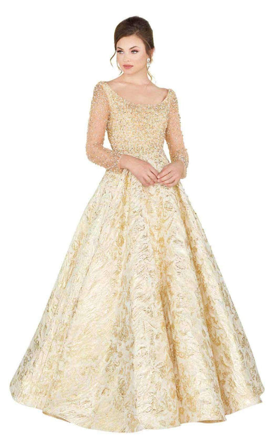 Mac Duggal Couture - 66932D Beaded Illusion Long Sleeves Ballgown In Gold