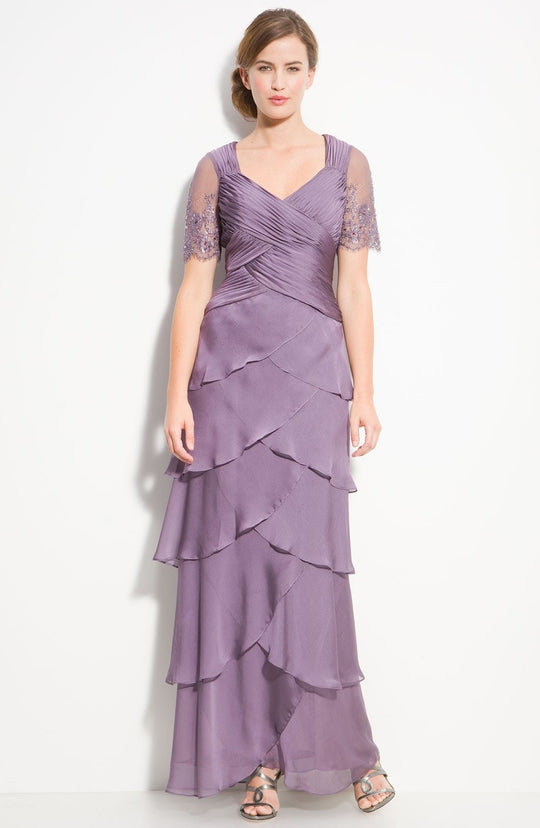 Adrianna Papell Sheer Beaded Short Sleeve Tiered Chiffon Gown 81865470 - 1 pc Violet In Size 8 Available In Purple