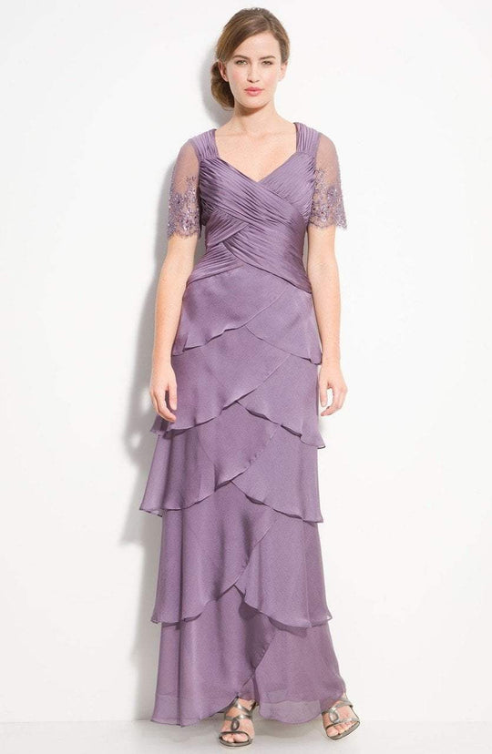 Adrianna Papell - 81865470 Sheer Short Sleeve Tiered Chiffon Gown in Purple