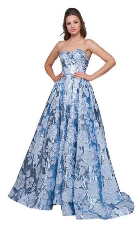 Mac Duggal Ballgowns - 66947H Sweetheart Floral Brocade Ballgown in Blue
