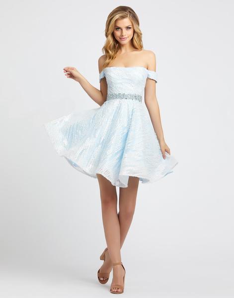 Mac Duggal Evening - 66981D Embellished Off-Shoulder Cocktail Dress In Blue and White