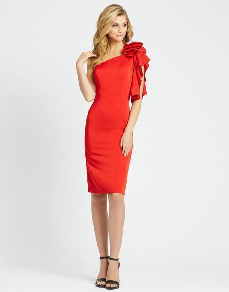 Ieena Duggal - 66998I Knee Length Ruffled Sleeve Asymmetrical Dress In Red