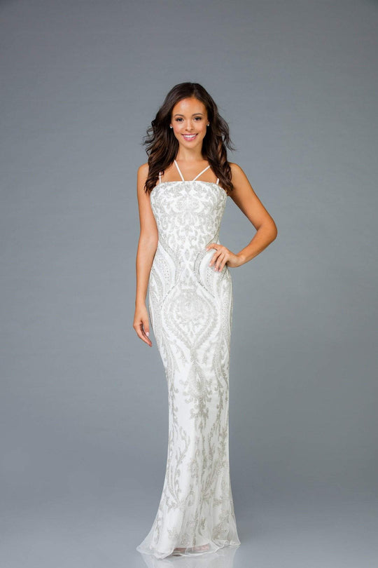 Scala - 48950 Embellished Straight Across Neck Sheath Dress In White and Silver