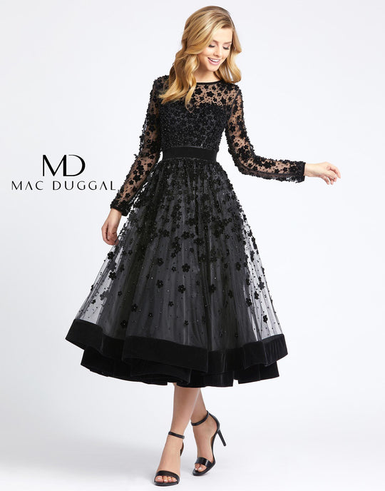 Mac Duggal Evening - 67007D Embellished Sheer Long Sleeve A-Line Dress In Black