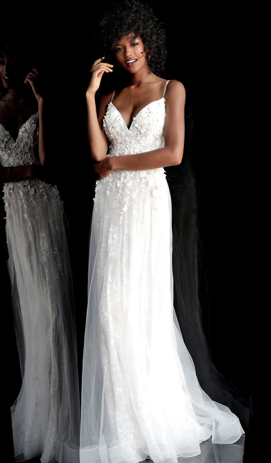 Jovani - 67033 Floral Appliqued Sheath Evening Dress In White