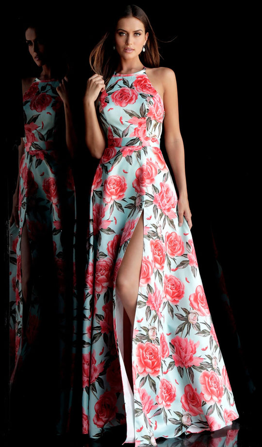 Jovani - 67043 Floral Halter A-Line Gown with Slit In Multicolor
