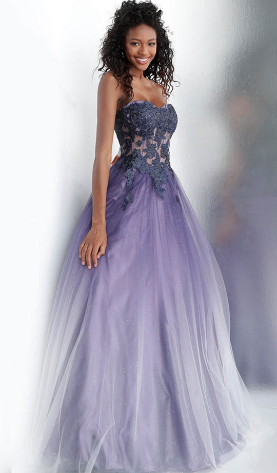 Jovani - 67108 Floral Appliqued Strapless Sweetheart Ballgown In Purple