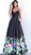 Jovani - 67124 Floral Print V-Neck A-Line Evening Gown In Black