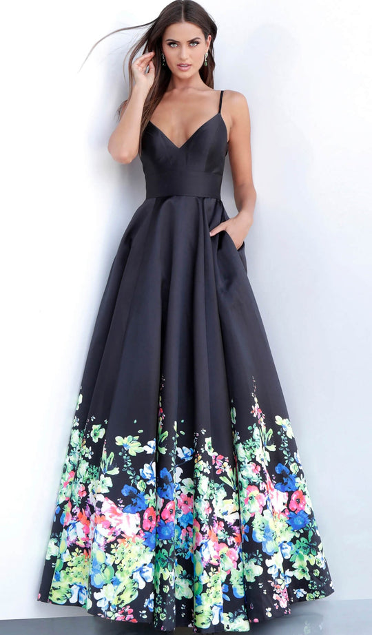 Jovani - 67124 Floral Print V-Neck A-Line Evening Gown In Black