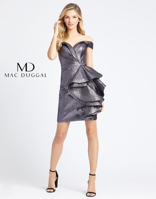 Mac Duggal Evening - 67137D Shiny Off-Shoulder Ruffled Sheath Dress In Black and Silver