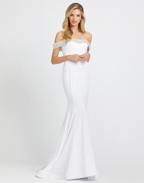 Mac Duggal Evening - 67155D Beaded Off-Shoulder Long Trumpet Gown In White