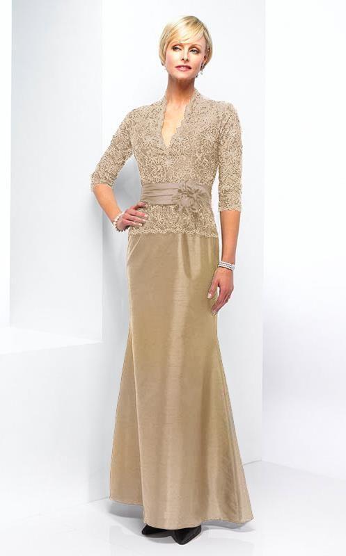V Neckline Lace Top Shantung Sheath Evening Gown in Gold