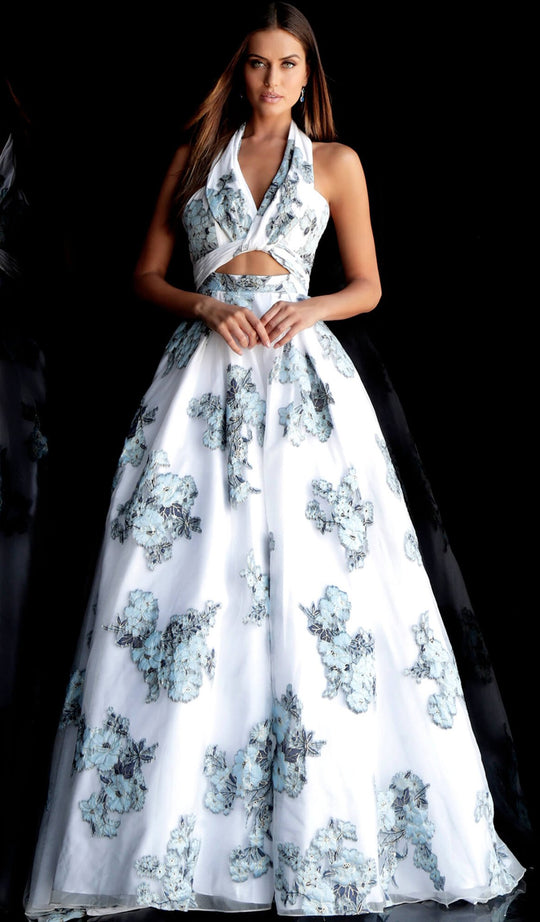Jovani - 67298 Floral Print Halter A-Line Evening Gown In White
