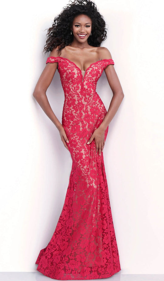 Jovani - 67304 Lace Plunging Off-Shoulder Trumpet Dress With Train In Red