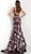 Jovani - Plunging V Neck Floral Print Evening Dress 67362 In Red and Multi-Color