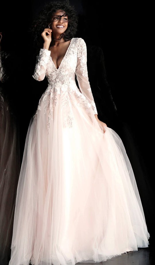 Jovani - 67393 Floral Appliqued Long Sleeves Ballgown In Pink