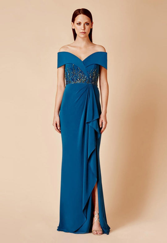 Daymor Couture - 673 Beaded Off-Shoulder Sheath Dress in Blue and Green