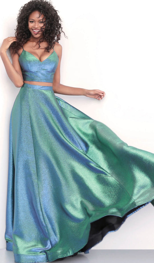 Jovani - 67419 Two Piece Plunging V-neck A-line Dress in Green