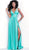 Jovani - 67471 Deep V-neck Jersey A-line Dress With Slit and Train In Green