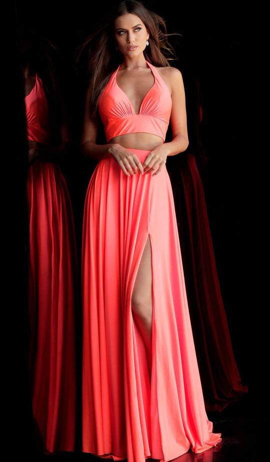 Jovani - 67472 Two Piece Ruched Halter V-neck A-line Dress In Orange