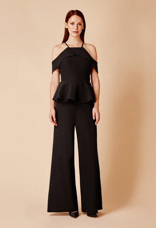 Daymor Couture - 674 Halter Neck Jumpsuit With Peplum Detail in Black