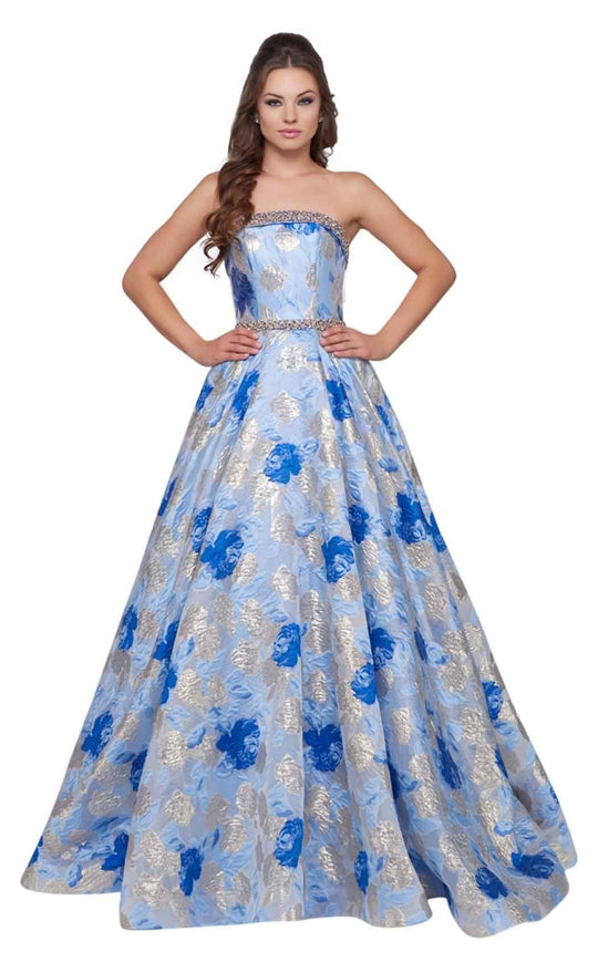 Mac Duggal Ballgowns - 67602H Embroidered Strapless Pleated Ballgown In Blue