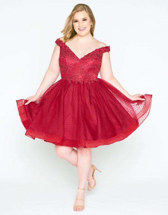 Mac Duggal - 67608F Embroidered Lace Off-Shoulder Tulle A-line Dress in Red