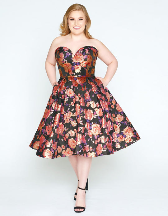 Mac Duggal - 67611F Floral Printed Sweetheart A-line Dress in Black and Gold