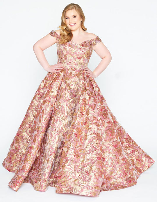 Mac Duggal - 67613F Floral Printed Off-Shoulder Ballgown With Train in Pink and Gold