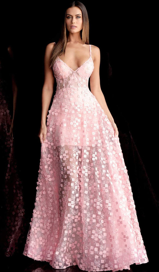 Jovani - 67625 Floral Applique Plunging V-neck A-line Dress In Pink