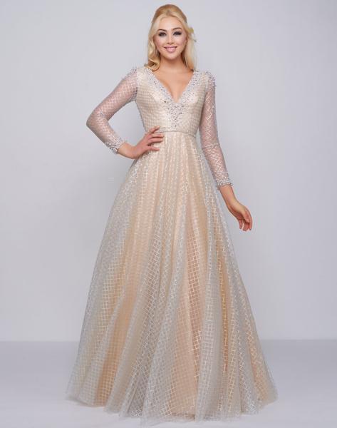 Mac Duggal Prom - 77497M Lattice Plunging V-Neck Long Sleeves Gown In Silver and Nude