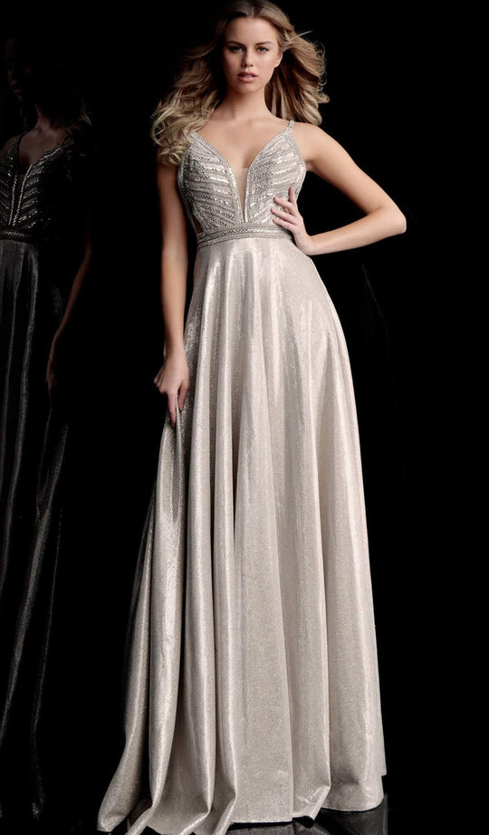Jovani - 67648 Glittering Deep V-neck A-line Dress In Nude