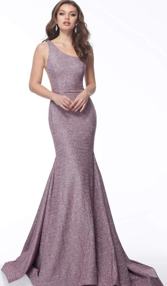 Jovani - Asymmetric Stretch Glitter Mermaid Evening Gown 67650 In Purple