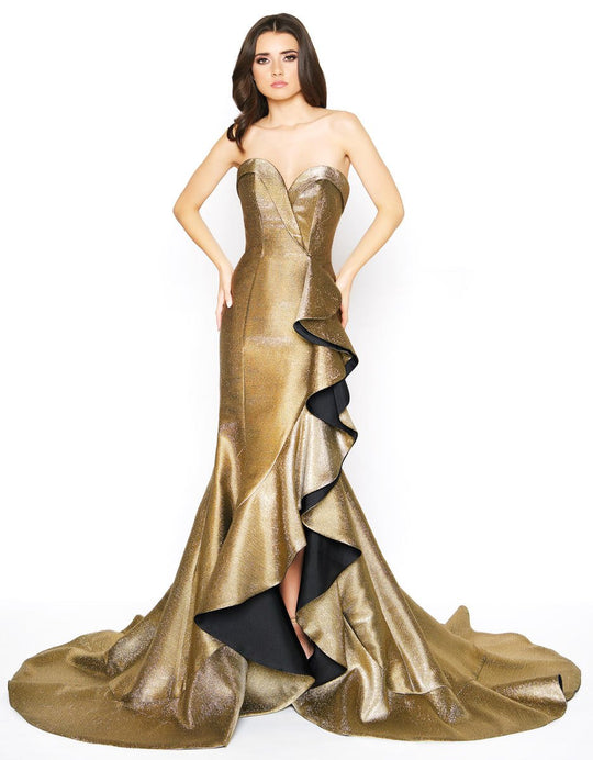 Mac Duggal - 67662D Metallic Strapless Ruffled Trumpet Dress in Gold