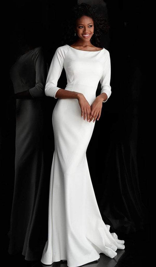 Jovani - Bateau Quarter Length Sleeves Trumpet Evening Gown 67662 In White