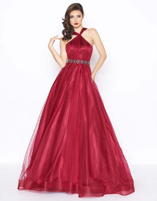 Mac Duggal - 67663R Polka Dot Tulle Halter Style Evening Gown in Red