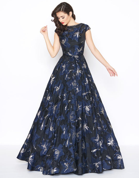 Mac Duggal - 67669R Beaded and Printed Bateau Ballgown in Blue and Multi-Color
