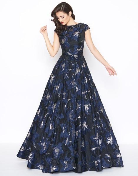 Mac Duggal - Beaded and Printed Bateau Ballgown 67669R In Blue and Multi-Color