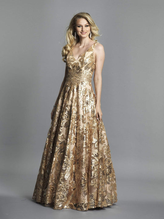 Dave & Johnny - A6766W Sequined Embellished Pleated A-Line Gown In Gold and Neutral