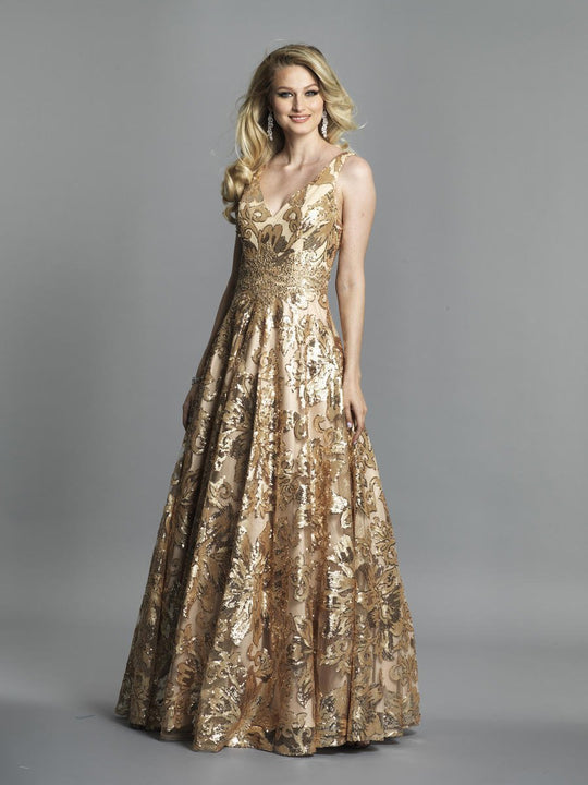 Dave & Johnny - Sequin Embellished A-Line Formal Dress A6766  In Gold and Nude