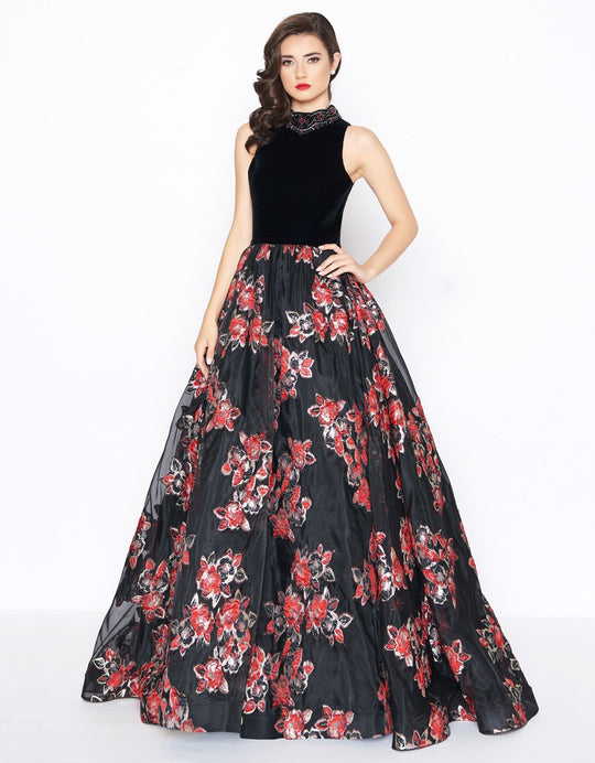 Mac Duggal - 67677R Floral Embroidered High Neck Ballgown With Train in Black and Multi-Color