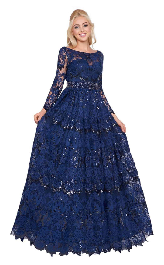 Mac Duggal Ballgowns - 67682H Long Sleeve Sequined Lace Ballgown In Blue