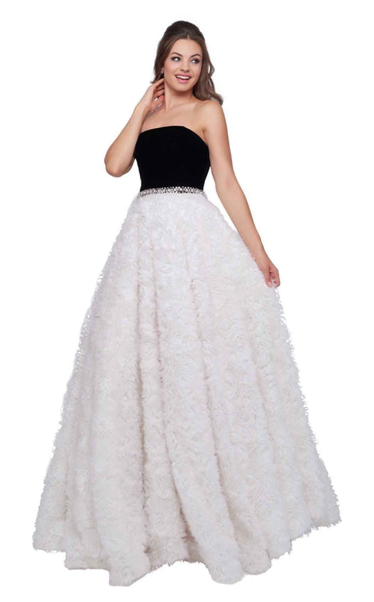 Mac Duggal Ballgowns - 67684H Strapless Bodice Rosette Ballgown In Black and White