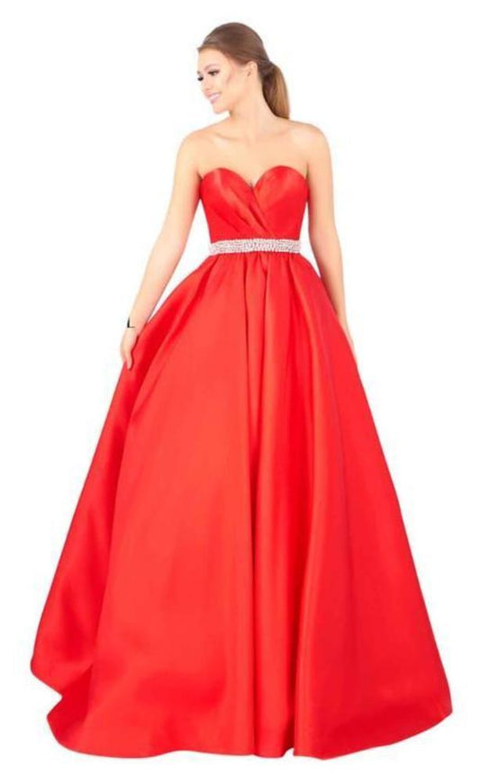 Mac Duggal Ballgowns - 67685H Jeweled Belt Strapless Sweetheart Gown in Red