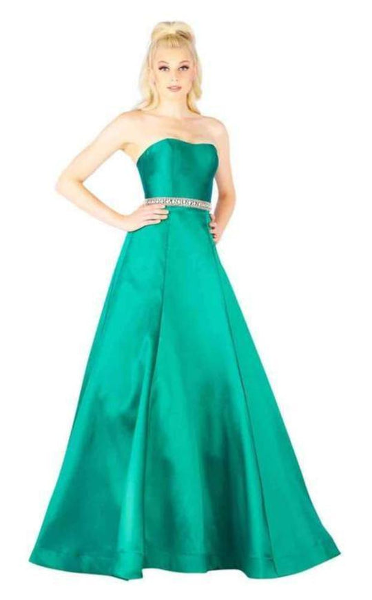 Mac Duggal Flash - 67687L Embellished Belt Strapless Satin Prom Gown in Green