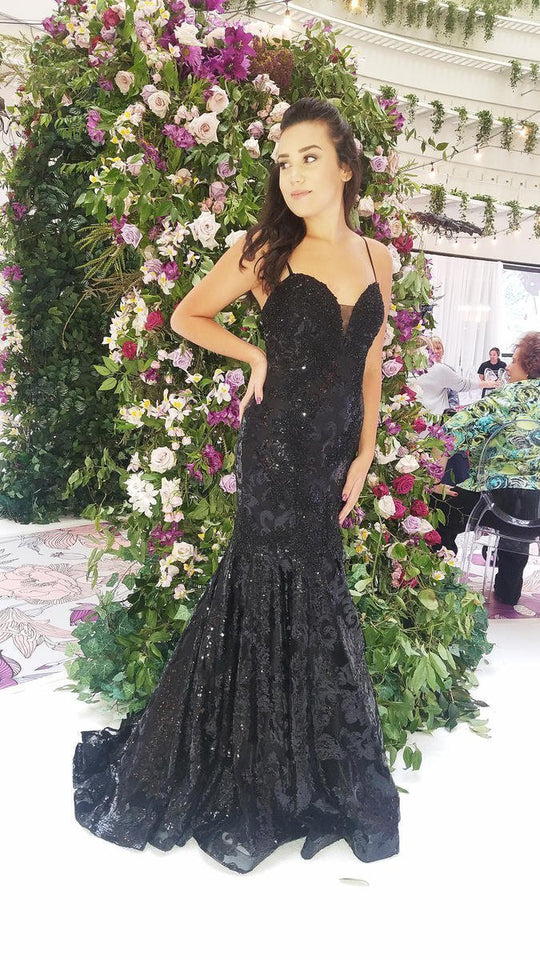 Dave & Johnny - Sleeveless Beaded Lace Trumpet Evening Gown A6768 In Black