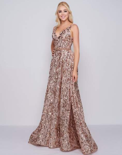 Mac Duggal Prom - 79233M Metallic Sequined Plunging A-Line Gown In Neutral