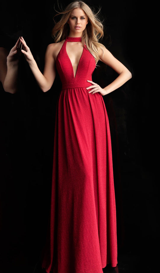 Jovani - 67766 High Halter A-line Dress With Front Cutout In Red