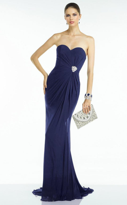 Alyce Paris B'Dazzle - 35805 Strapless Ruched Long Gown with Brooch in Blue